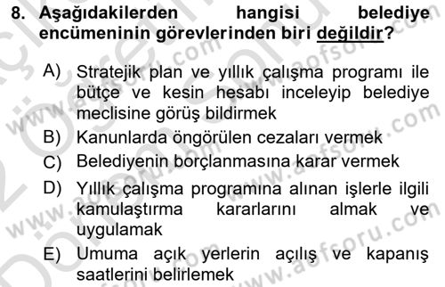 Mahalli İdareler Maliyesi Dersi 2021 - 2022 Yılı (Final) Dönem Sonu Sınav Soruları 8. Soru