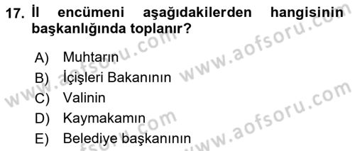 Mahalli İdareler Maliyesi Dersi 2021 - 2022 Yılı Yaz Okulu Sınav Soruları 17. Soru