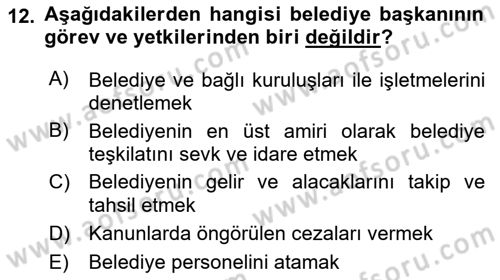 Mahalli İdareler Maliyesi Dersi 2022 - 2023 Yılı Yaz Okulu Sınav Soruları 12. Soru