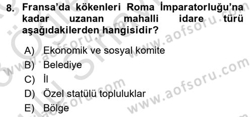 Mahalli İdareler Maliyesi Dersi 2022 - 2023 Yılı Yaz Okulu Sınav Soruları 8. Soru