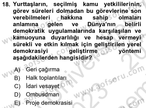 Mahalli İdareler Maliyesi Dersi 2023 - 2024 Yılı (Final) Dönem Sonu Sınav Soruları 18. Soru