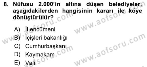 Mahalli İdareler Maliyesi Dersi 2023 - 2024 Yılı (Final) Dönem Sonu Sınav Soruları 8. Soru