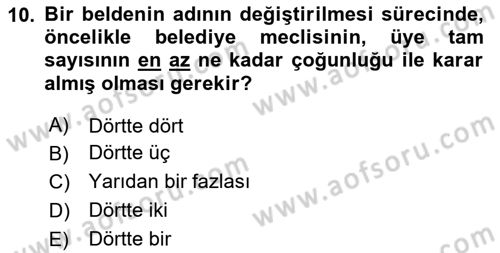 Mahalli İdareler Maliyesi Dersi 2023 - 2024 Yılı Yaz Okulu Sınav Soruları 10. Soru