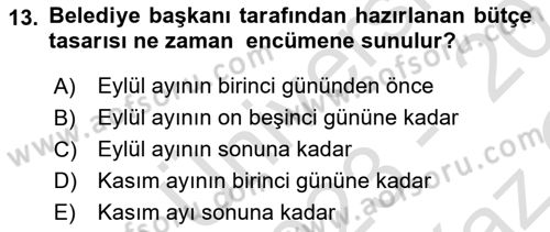 Mahalli İdareler Maliyesi Dersi 2023 - 2024 Yılı Yaz Okulu Sınav Soruları 13. Soru