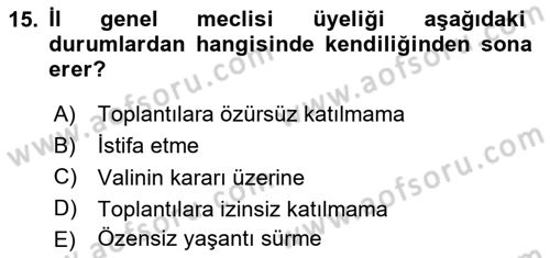 Mahalli İdareler Maliyesi Dersi 2023 - 2024 Yılı Yaz Okulu Sınav Soruları 15. Soru