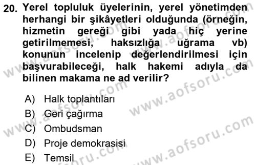 Mahalli İdareler Maliyesi Dersi 2023 - 2024 Yılı Yaz Okulu Sınav Soruları 20. Soru