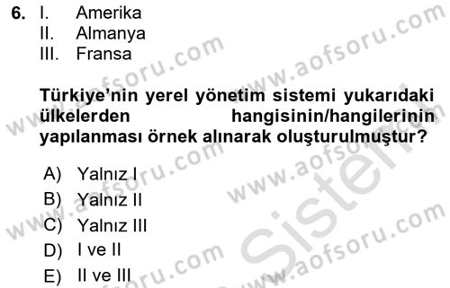 Mahalli İdareler Maliyesi Dersi 2023 - 2024 Yılı Yaz Okulu Sınav Soruları 6. Soru