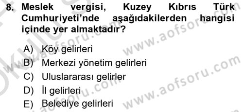 Mahalli İdareler Maliyesi Dersi 2023 - 2024 Yılı Yaz Okulu Sınav Soruları 8. Soru
