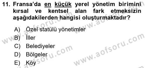 Mahalli İdareler Maliyesi Dersi 2024 - 2025 Yılı (Vize) Ara Sınav Soruları 11. Soru