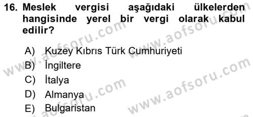 Mahalli İdareler Maliyesi Dersi 2024 - 2025 Yılı (Vize) Ara Sınav Soruları 16. Soru
