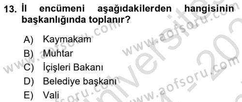 Mahalli İdareler Maliyesi Dersi 2024 - 2025 Yılı (Final) Dönem Sonu Sınav Soruları 13. Soru