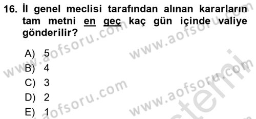 Mahalli İdareler Maliyesi Dersi 2024 - 2025 Yılı (Final) Dönem Sonu Sınav Soruları 16. Soru