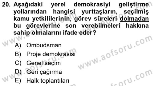 Mahalli İdareler Maliyesi Dersi 2024 - 2025 Yılı (Final) Dönem Sonu Sınav Soruları 20. Soru