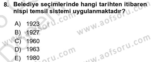 Mahalli İdareler Maliyesi Dersi 2024 - 2025 Yılı (Final) Dönem Sonu Sınav Soruları 8. Soru