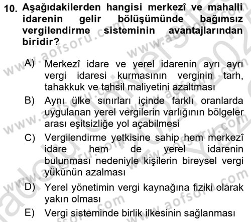 Mahalli İdareler Maliyesi Dersi 2024 - 2025 Yılı Yaz Okulu Sınav Soruları 10. Soru