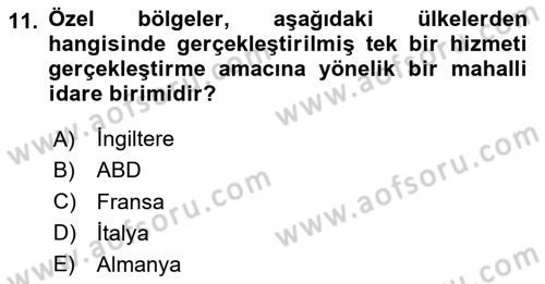 Mahalli İdareler Maliyesi Dersi 2024 - 2025 Yılı Yaz Okulu Sınav Soruları 11. Soru