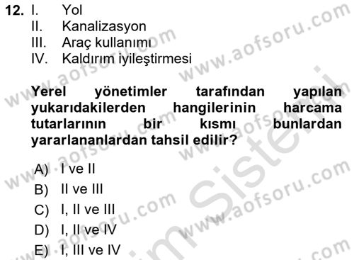 Mahalli İdareler Maliyesi Dersi 2024 - 2025 Yılı Yaz Okulu Sınav Soruları 12. Soru