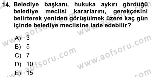 Mahalli İdareler Maliyesi Dersi 2024 - 2025 Yılı Yaz Okulu Sınav Soruları 14. Soru