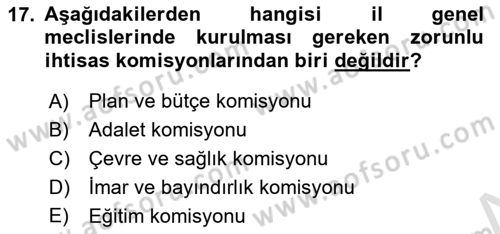 Mahalli İdareler Maliyesi Dersi 2024 - 2025 Yılı Yaz Okulu Sınav Soruları 17. Soru