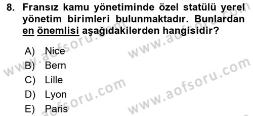 Mahalli İdareler Maliyesi Dersi 2024 - 2025 Yılı Yaz Okulu Sınav Soruları 8. Soru