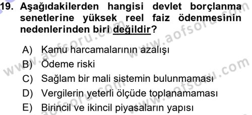 Devlet Borçları Dersi Ara Sınavı Deneme Sınav Soruları 19. Soru