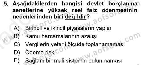 Devlet Borçları Dersi 2015 - 2016 Yılı Tek Ders Sınav Soruları 5. Soru