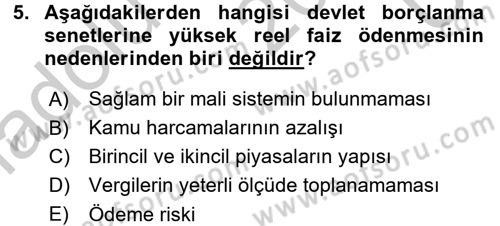 Devlet Borçları Dersi 2016 - 2017 Yılı 3 Ders Sınav Soruları 5. Soru