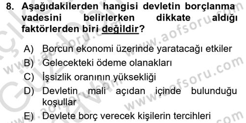 Devlet Borçları Dersi Ara Sınavı Deneme Sınav Soruları 8. Soru