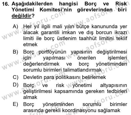 Devlet Borçları Dersi 2021 - 2022 Yılı (Final) Dönem Sonu Sınav Soruları 16. Soru