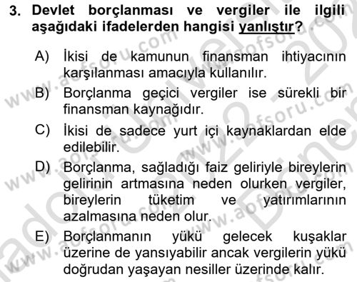 Devlet Borçları Dersi 2022 - 2023 Yılı (Final) Dönem Sonu Sınav Soruları 3. Soru