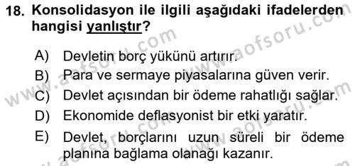 Devlet Borçları Dersi 2022 - 2023 Yılı Yaz Okulu Sınav Soruları 18. Soru
