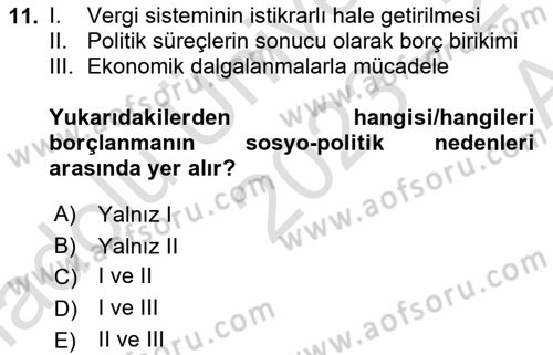 Devlet Borçları Dersi 2023 - 2024 Yılı (Vize) Ara Sınav Soruları 11. Soru