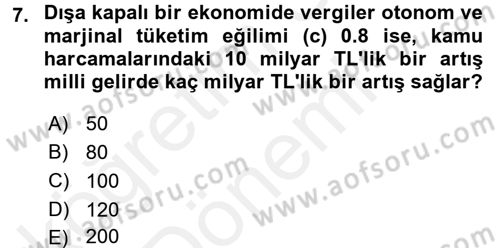 Maliye Politikası Dersi 2015 - 2016 Yılı (Vize) Ara Sınav Soruları 7. Soru