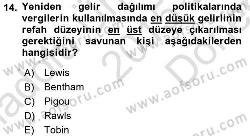 Maliye Politikası Dersi 2015 - 2016 Yılı (Final) Dönem Sonu Sınav Soruları 14. Soru