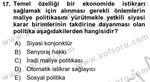 Maliye Politikası Dersi 2016 - 2017 Yılı (Vize) Ara Sınav Soruları 17. Soru
