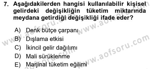 Maliye Politikası Dersi 2016 - 2017 Yılı (Vize) Ara Sınav Soruları 7. Soru