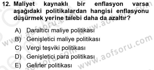 Maliye Politikası Dersi 2017 - 2018 Yılı (Vize) Ara Sınav Soruları 12. Soru