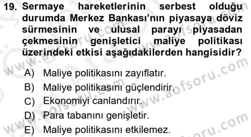 Maliye Politikası Dersi 2017 - 2018 Yılı (Vize) Ara Sınav Soruları 19. Soru