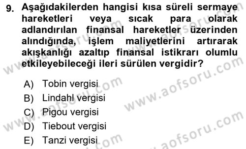 Maliye Politikası Dersi 2018 - 2019 Yılı 3 Ders Sınav Soruları 9. Soru