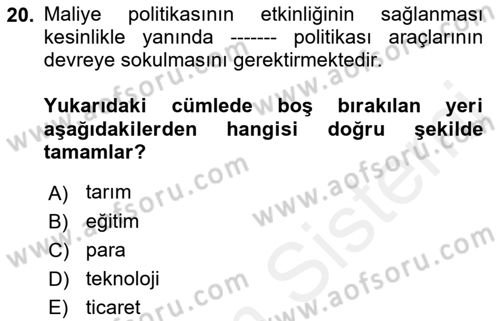 Maliye Politikası Dersi 2018 - 2019 Yılı (Vize) Ara Sınav Soruları 20. Soru