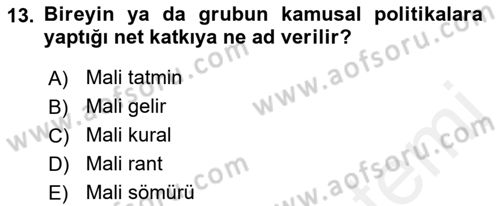 Maliye Politikası Dersi 2018 - 2019 Yılı (Final) Dönem Sonu Sınav Soruları 13. Soru