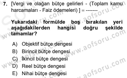 Maliye Politikası Dersi 2018 - 2019 Yılı (Final) Dönem Sonu Sınavı 7. Soru