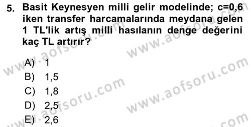 Maliye Politikası Dersi 2018 - 2019 Yılı Yaz Okulu Sınav Soruları 5. Soru