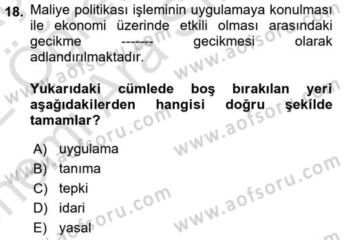 Maliye Politikası Dersi 2021 - 2022 Yılı (Vize) Ara Sınav Soruları 18. Soru