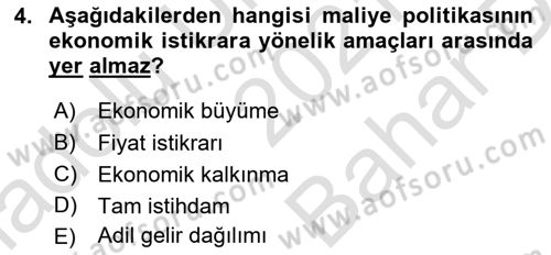 Maliye Politikası Dersi 2021 - 2022 Yılı (Vize) Ara Sınavı 4. Soru