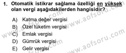 Maliye Politikası Dersi 2021 - 2022 Yılı (Final) Dönem Sonu Sınavı 1. Soru