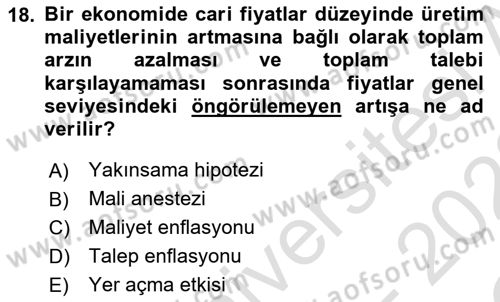 Maliye Politikası Dersi 2021 - 2022 Yılı Yaz Okulu Sınavı 18. Soru