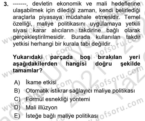 Maliye Politikası Dersi 2021 - 2022 Yılı Yaz Okulu Sınav Soruları 3. Soru