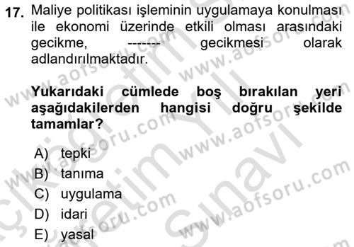 Maliye Politikası Dersi 2023 - 2024 Yılı (Vize) Ara Sınav Soruları 17. Soru