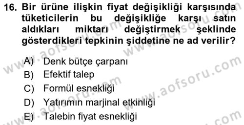 Maliye Politikası Dersi 2023 - 2024 Yılı (Final) Dönem Sonu Sınav Soruları 16. Soru
